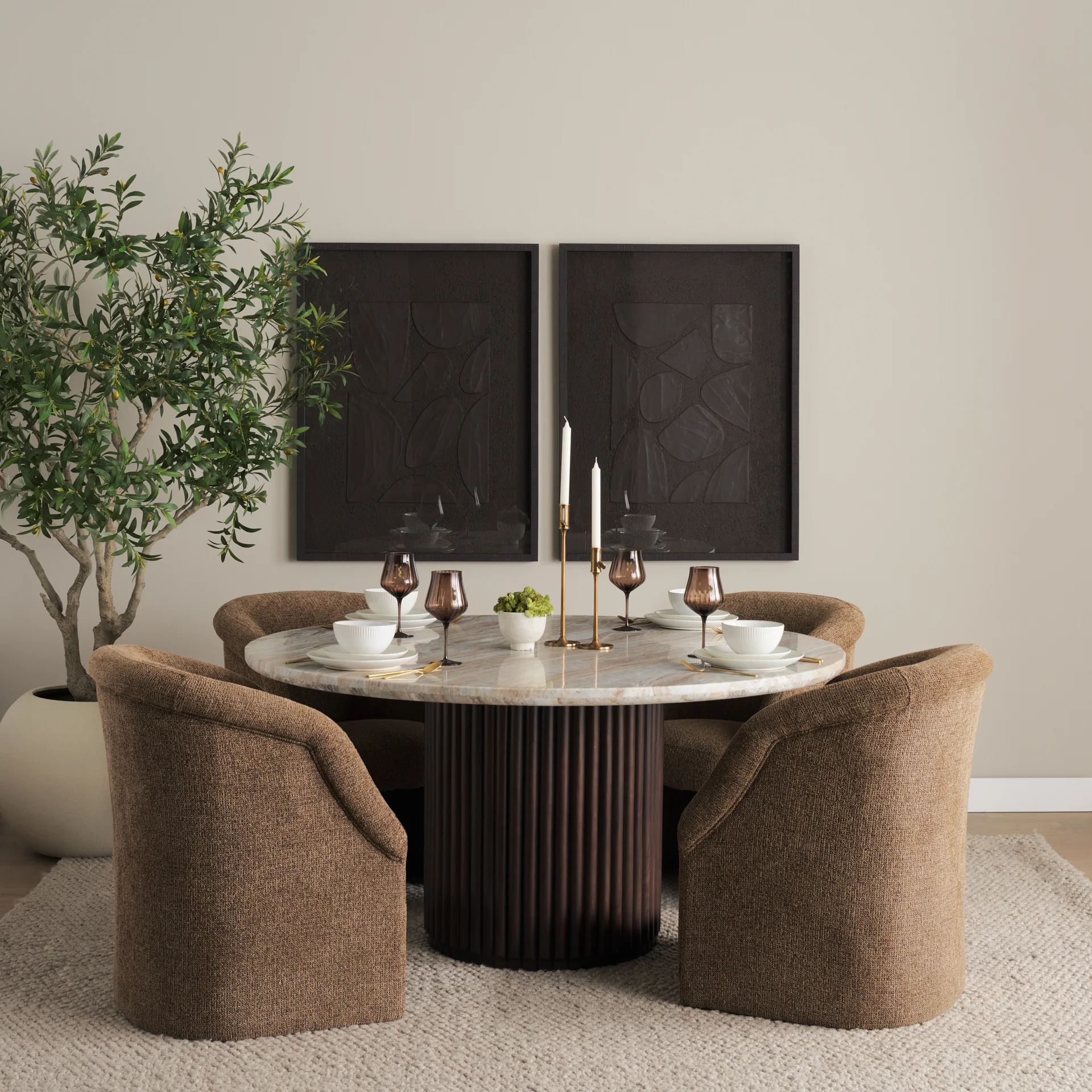 Marbrello 60" Pink Marble Top Espresso Brown Fluted Wood Round Dining Table - Image 2
