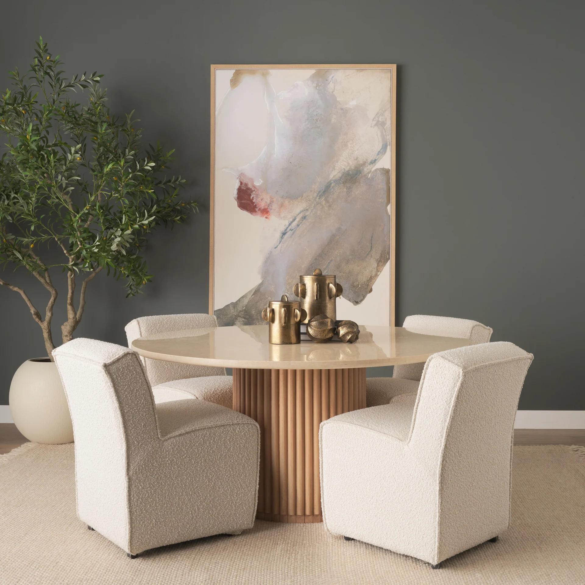 Marbrello 60" Botticino Marble Top Light Brown Fluted Wood Round Dining Table - Image 2