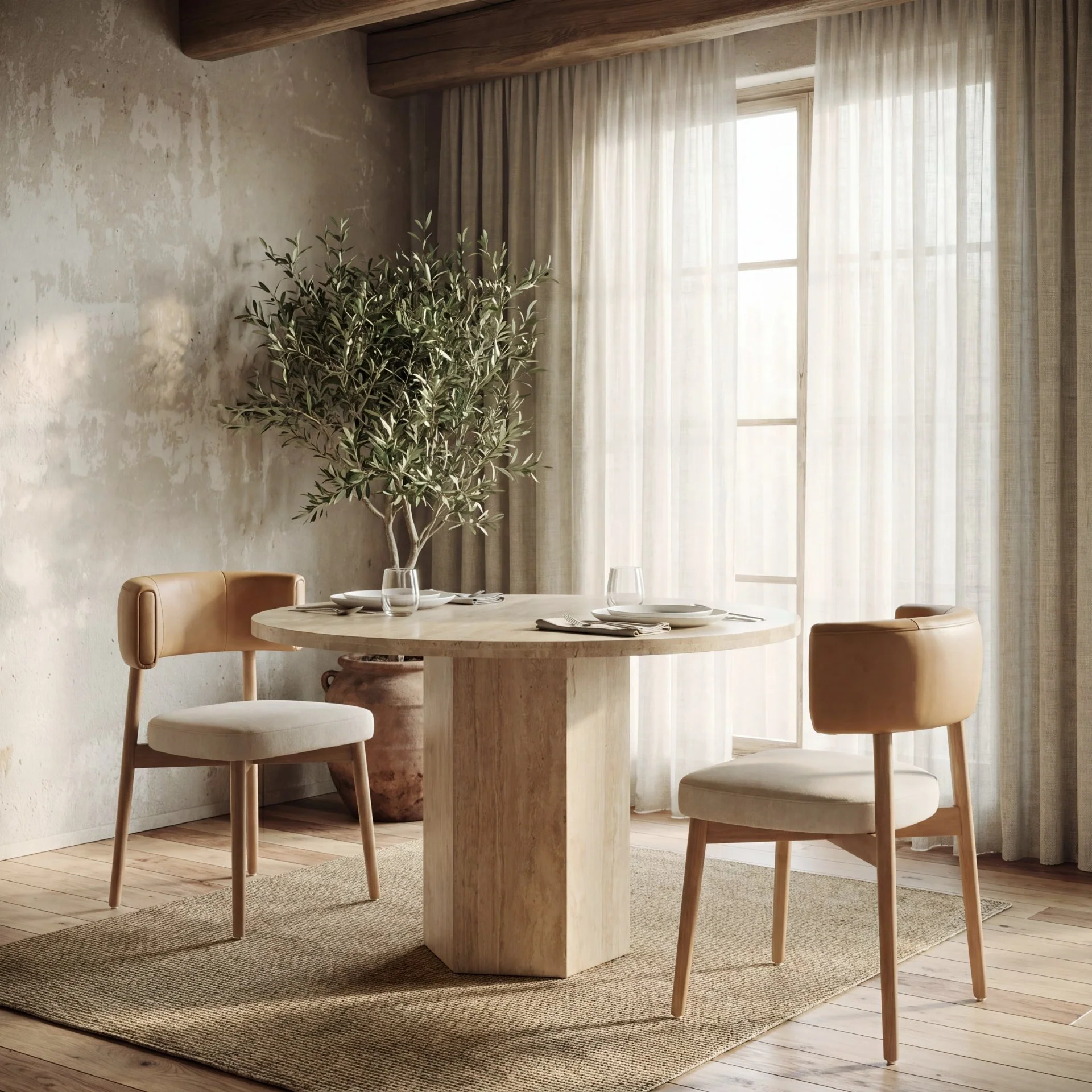 Motley Curved Open Back Cream Fabric and Tan Leather Dining Chair - Image 12