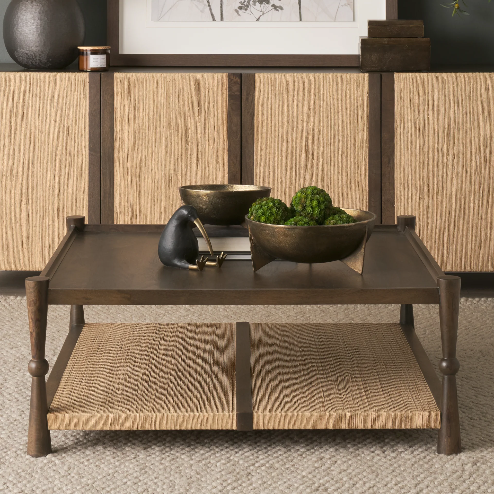 Bondi 42" Dark Brown Wood w/ Paper Rope Shelf Square Coffee Table - Image 2