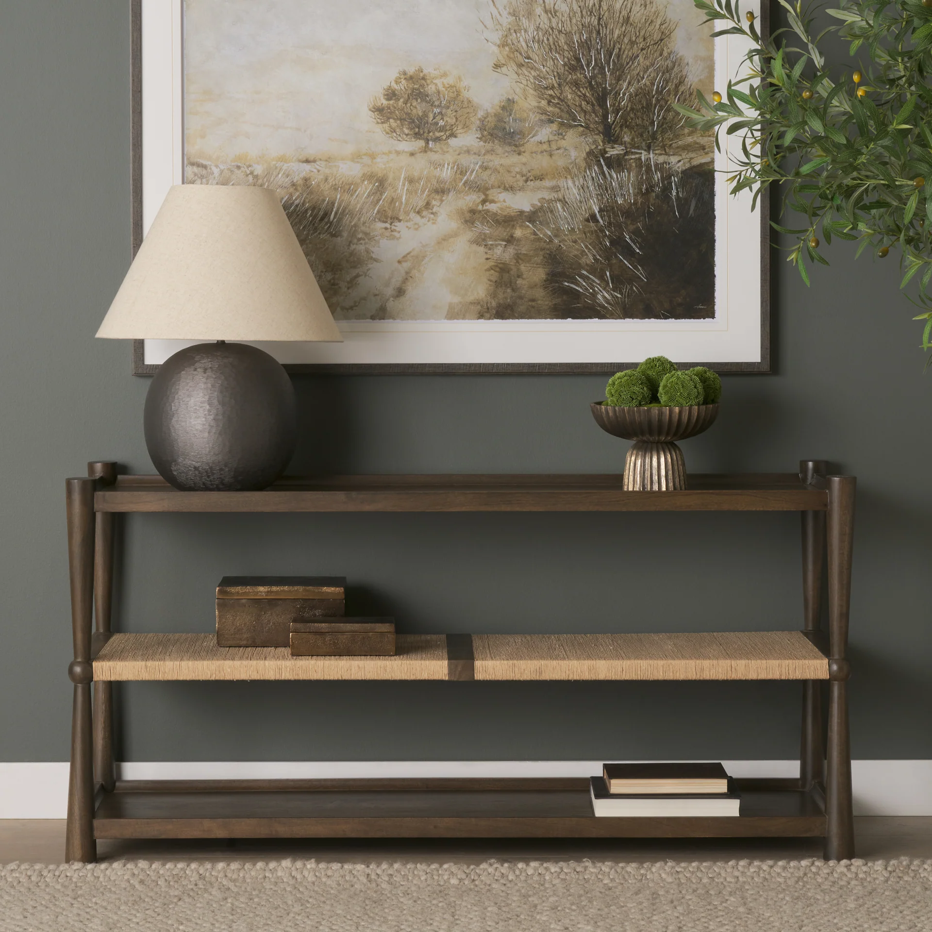Bondi Dark Brown Wood w/ Paper Rope Shelf Console Table - Image 11