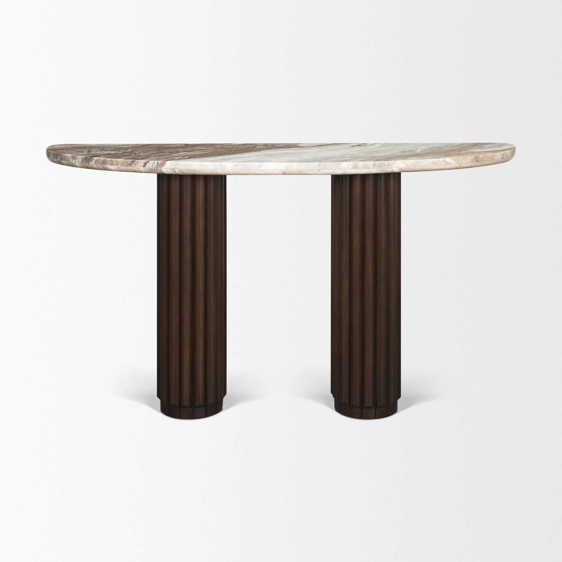 Marbrello Pink Marble Top Dark Brown Fluted Wood Half Moon Console Table Top - Image 3