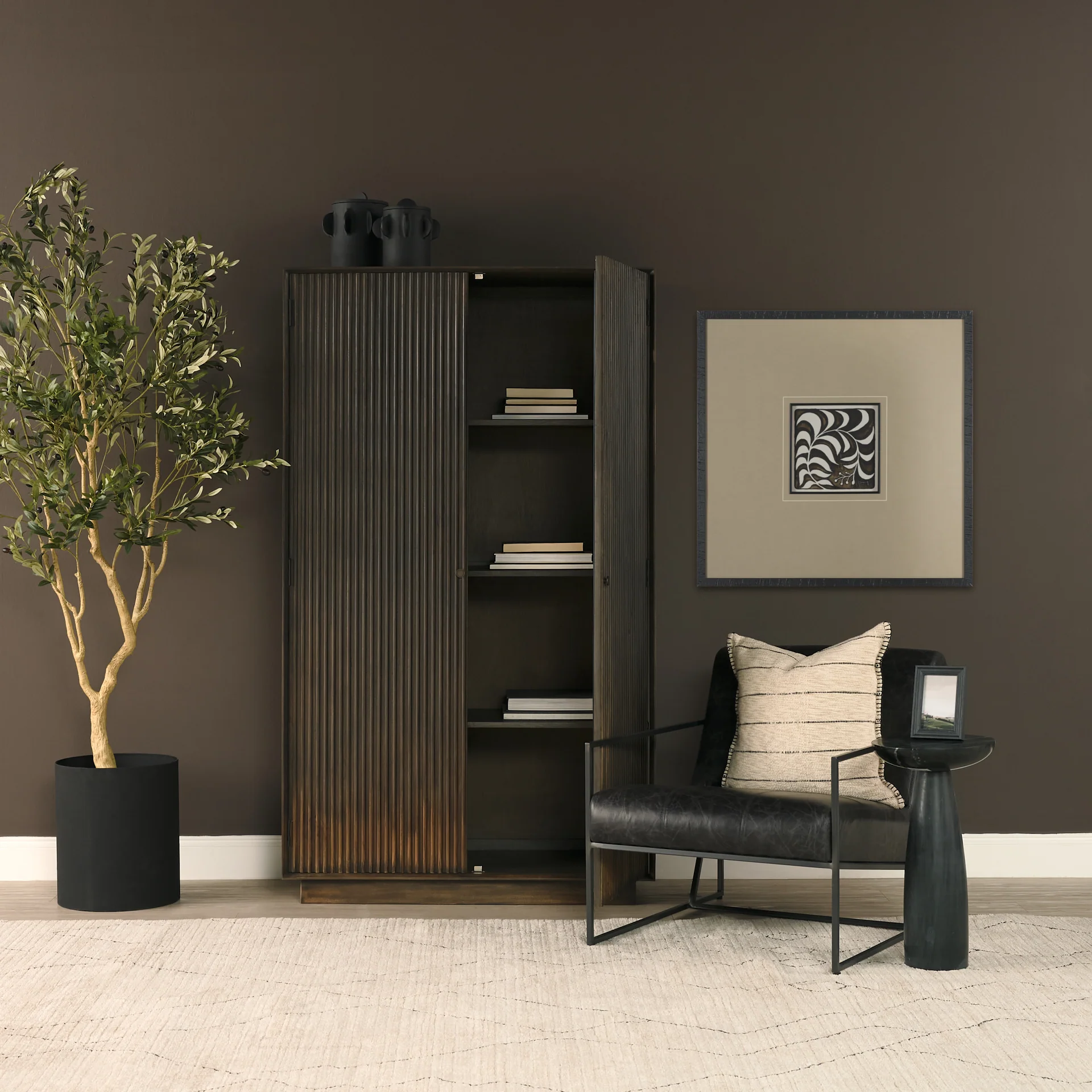 Cinder Distressed Dark Brown Wood Reeded 2-Door Closed Tall Cabinet - Image 14