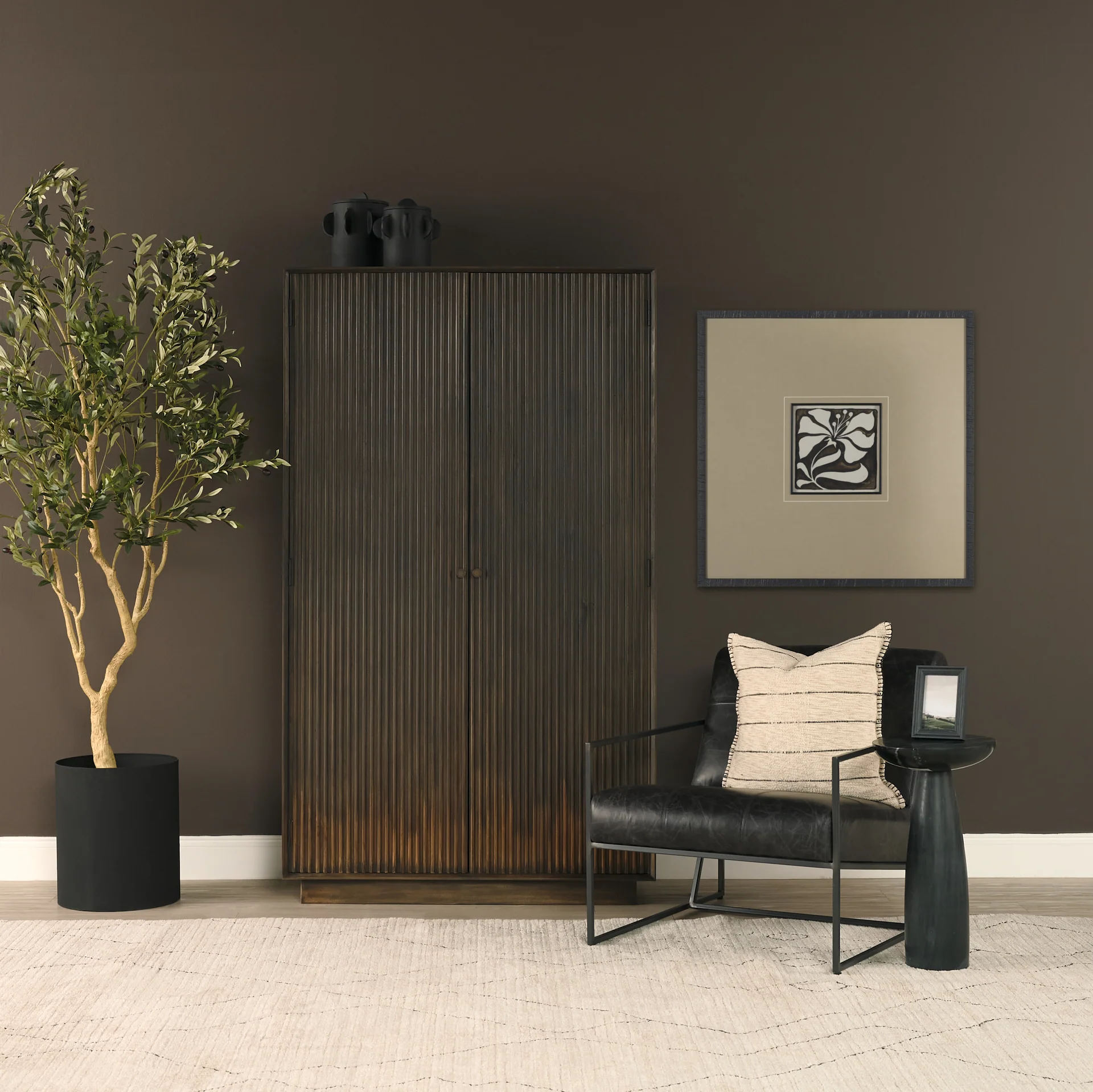 Cinder Distressed Dark Brown Wood Reeded 2-Door Closed Tall Cabinet - Image 2