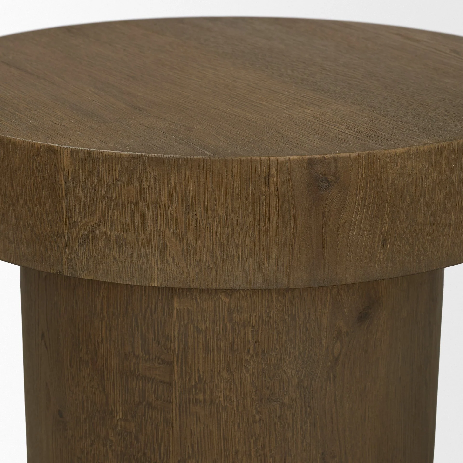 Lyonne Round Medium Brown Oak Wood Pedestal Side Tables - Image 6