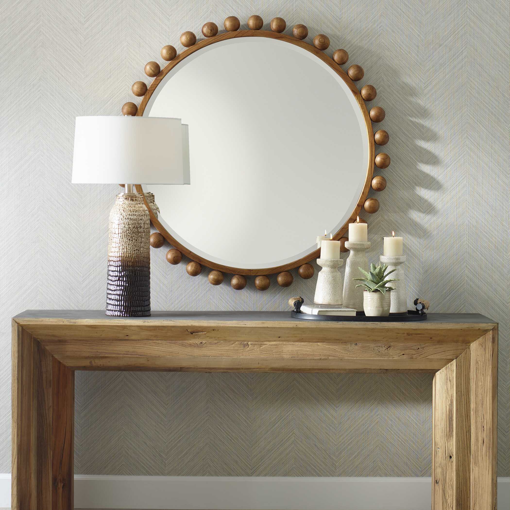 Cyra Wood Beaded Round Mirror - Image 2