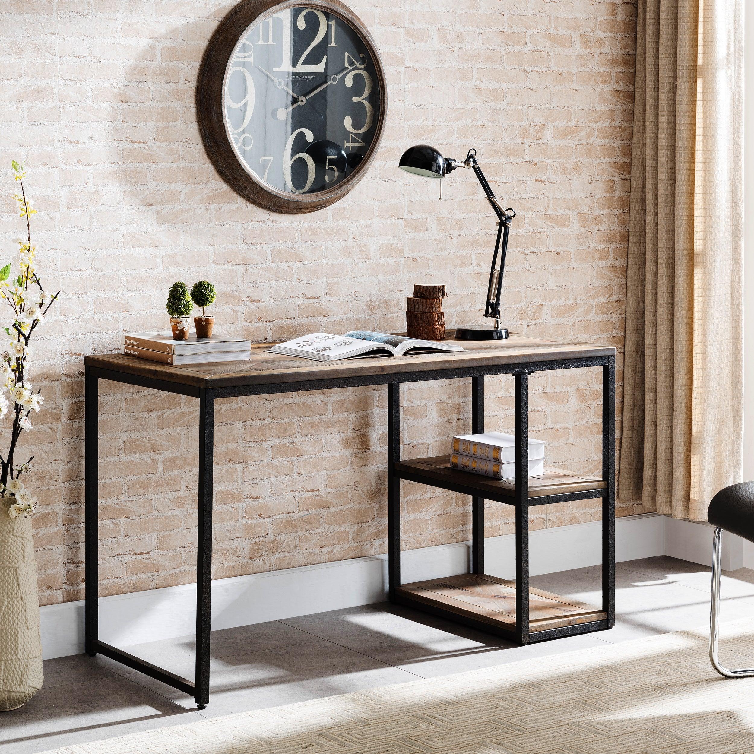 Garviston Reclaimed Wood Writing Desk - Industrial Style - Rustic Black w/ Distressed Fir - Image 2