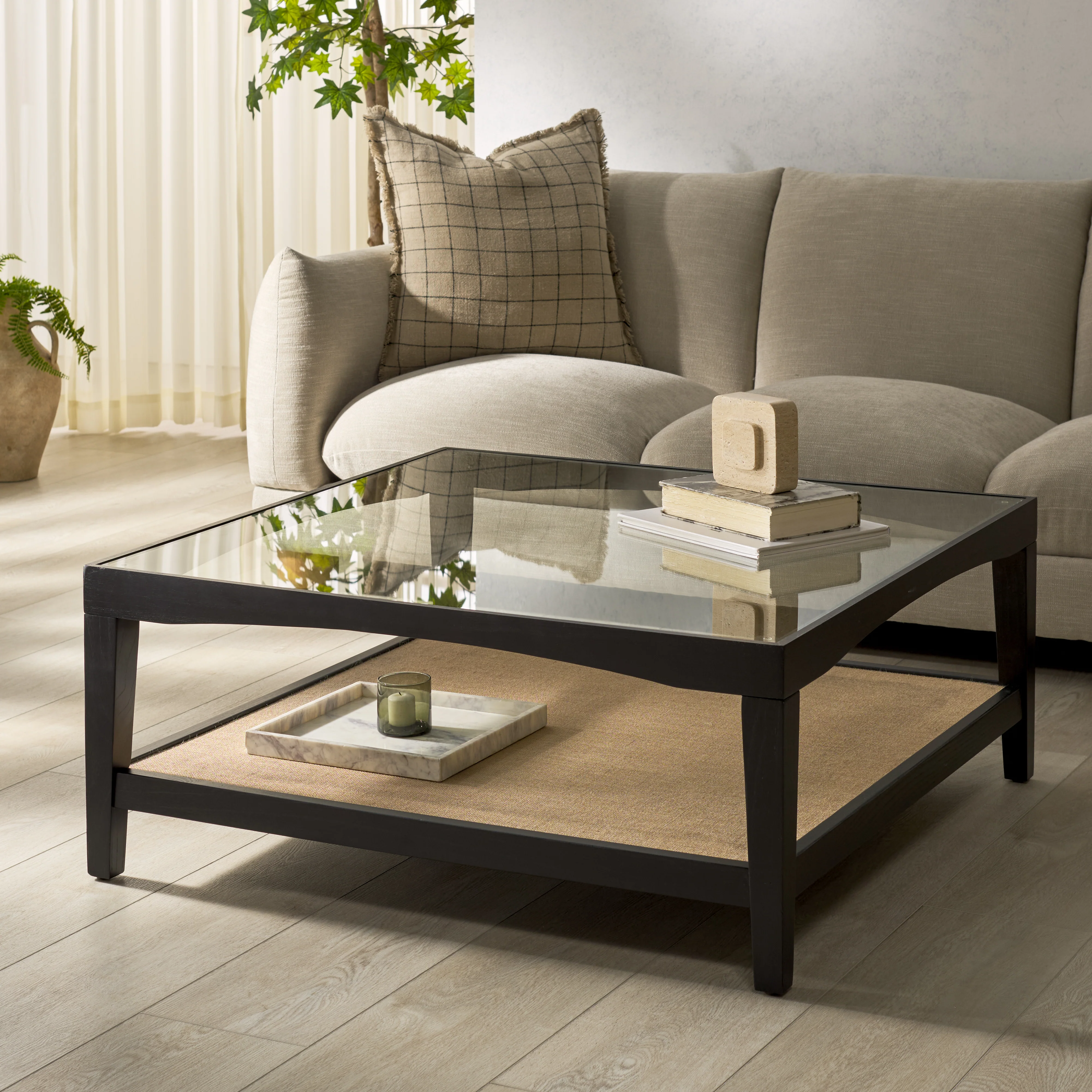 Nicolella Square Glass And Linen Coffee Table - Image 2