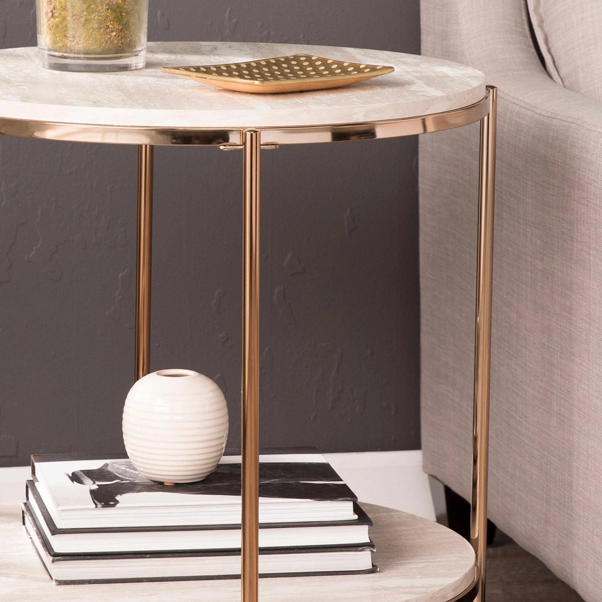 Silas Round Faux Stone End Table - Beige - Image 8